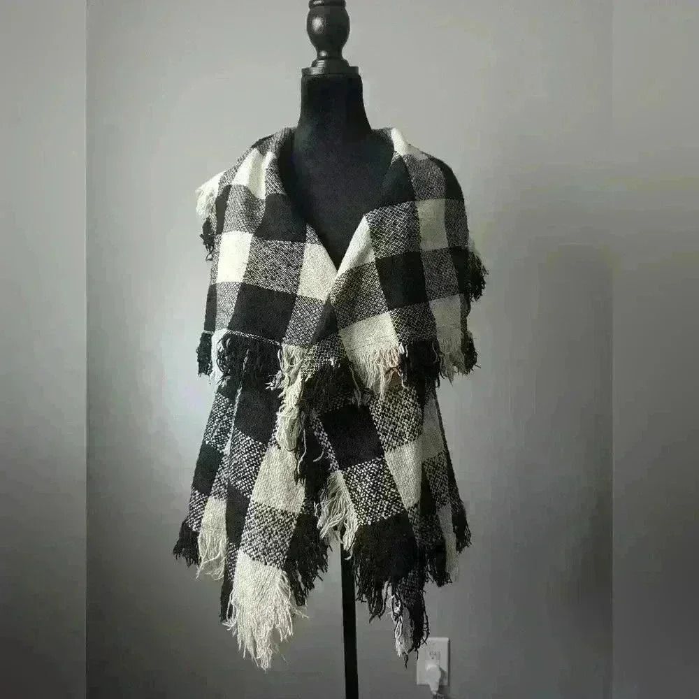 ANGL Plaid Black and Tan Vest with Fringe